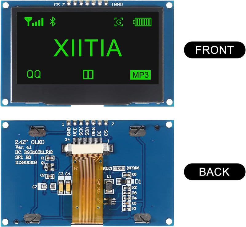 XIITIA 2pcs 2.42 inch 128x64 OLED LCD Display Module SSD1309 7 Pin SPI/IIC I2C Serial Interface for Arduino UNO R3 (Green Light) - Image 2